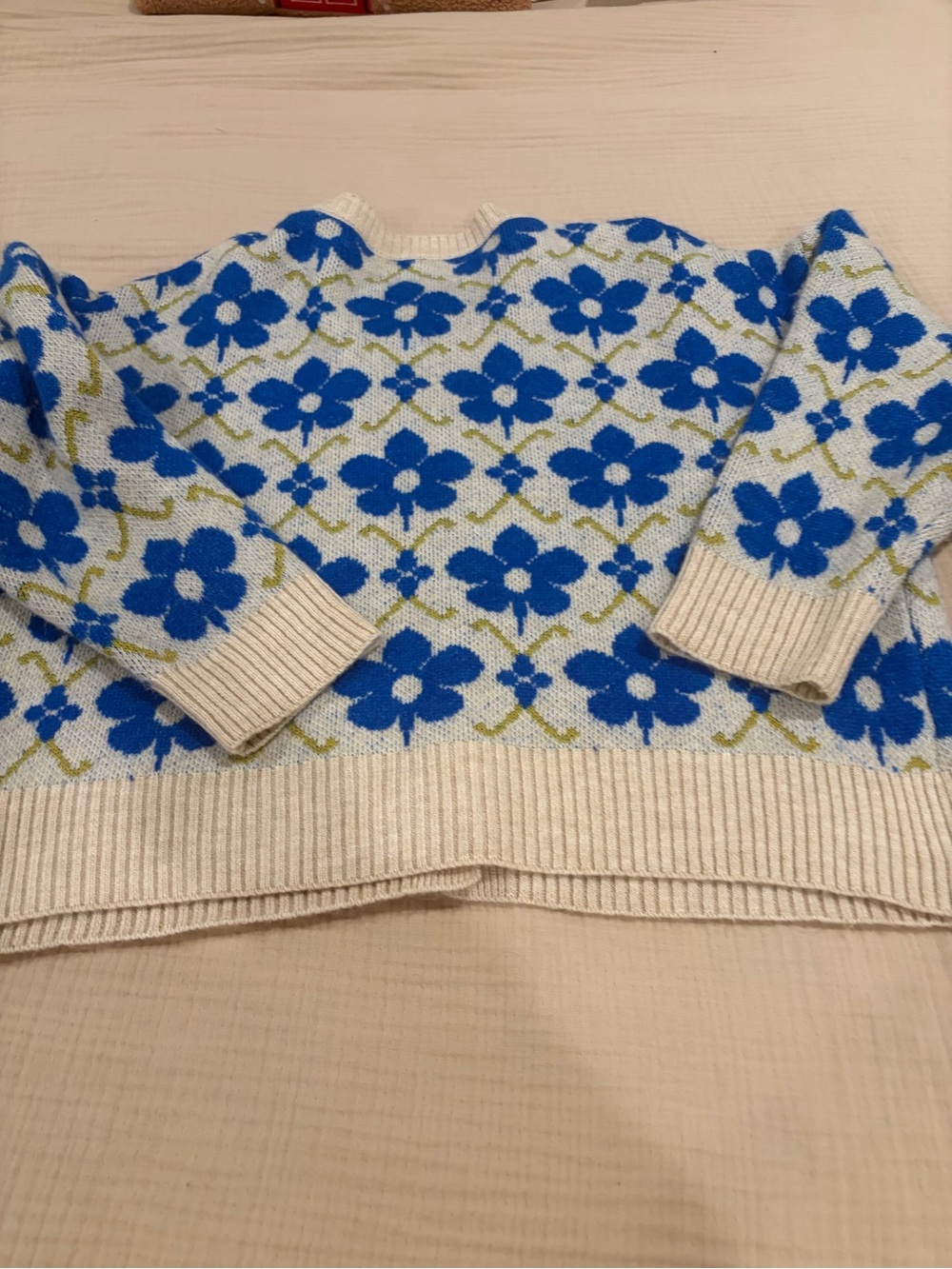 Anthropologie Maeve Blue floral pop intarsia Cardigan, women’s L - Picture 7 of 7